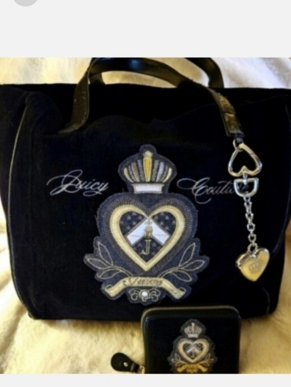 2 Pc. Juicy Couture Y2K Black Velvet Gold Embroidered Heart Tote Bag Set
